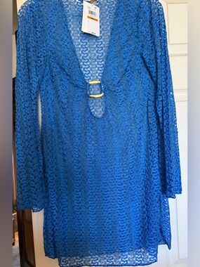 BECCA Blue Sheer Crochet Swim Cover-Up with Gold Ring